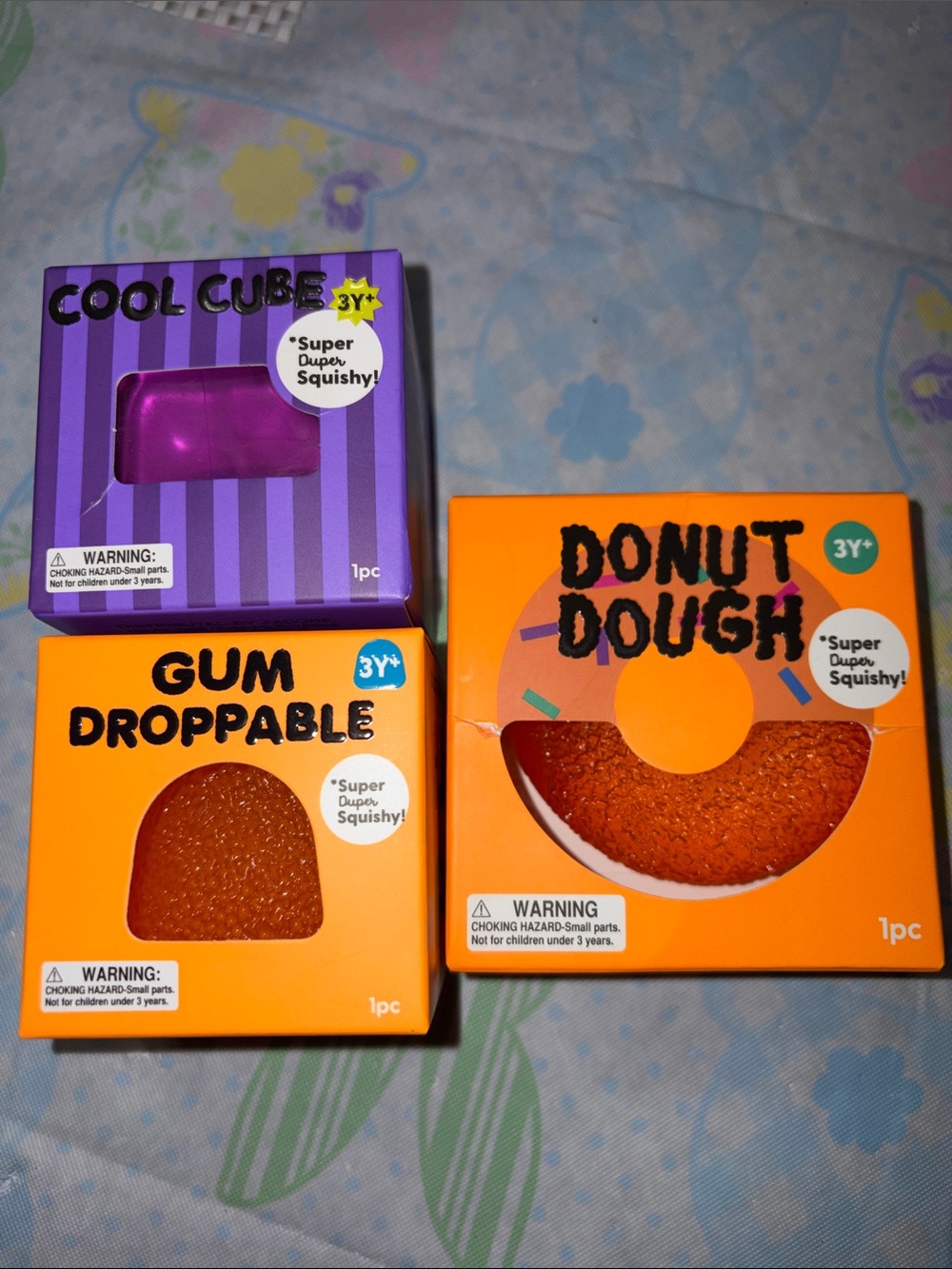 Donut Dough, cool cube and gum drop squishy